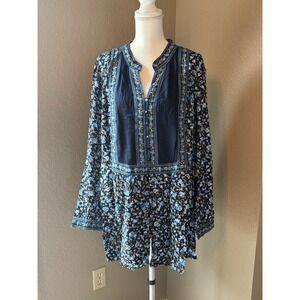 Woman Within Navy Blue Floral Print Rayon Peasant Tunic Top Plus Size 26/28 2X